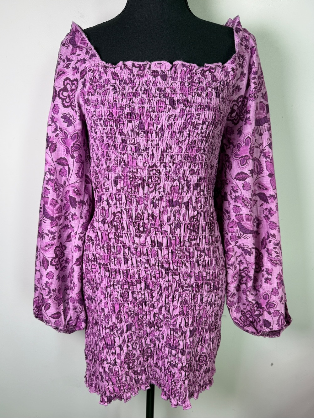 Free People Smock It To Me Purple Floral Smocked Mini Dress Sz XL